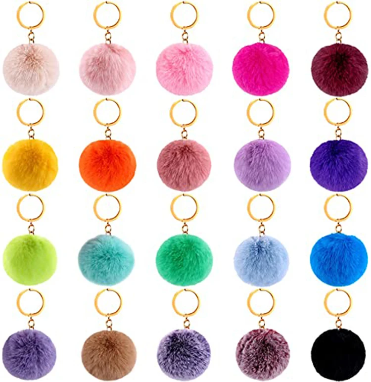 Wholesale Cute Souvenir Faux Fur Pompom Pink Puff Ball Keychain Bulk Custom Faux Rabbit Fur Pom Pom Key Chain