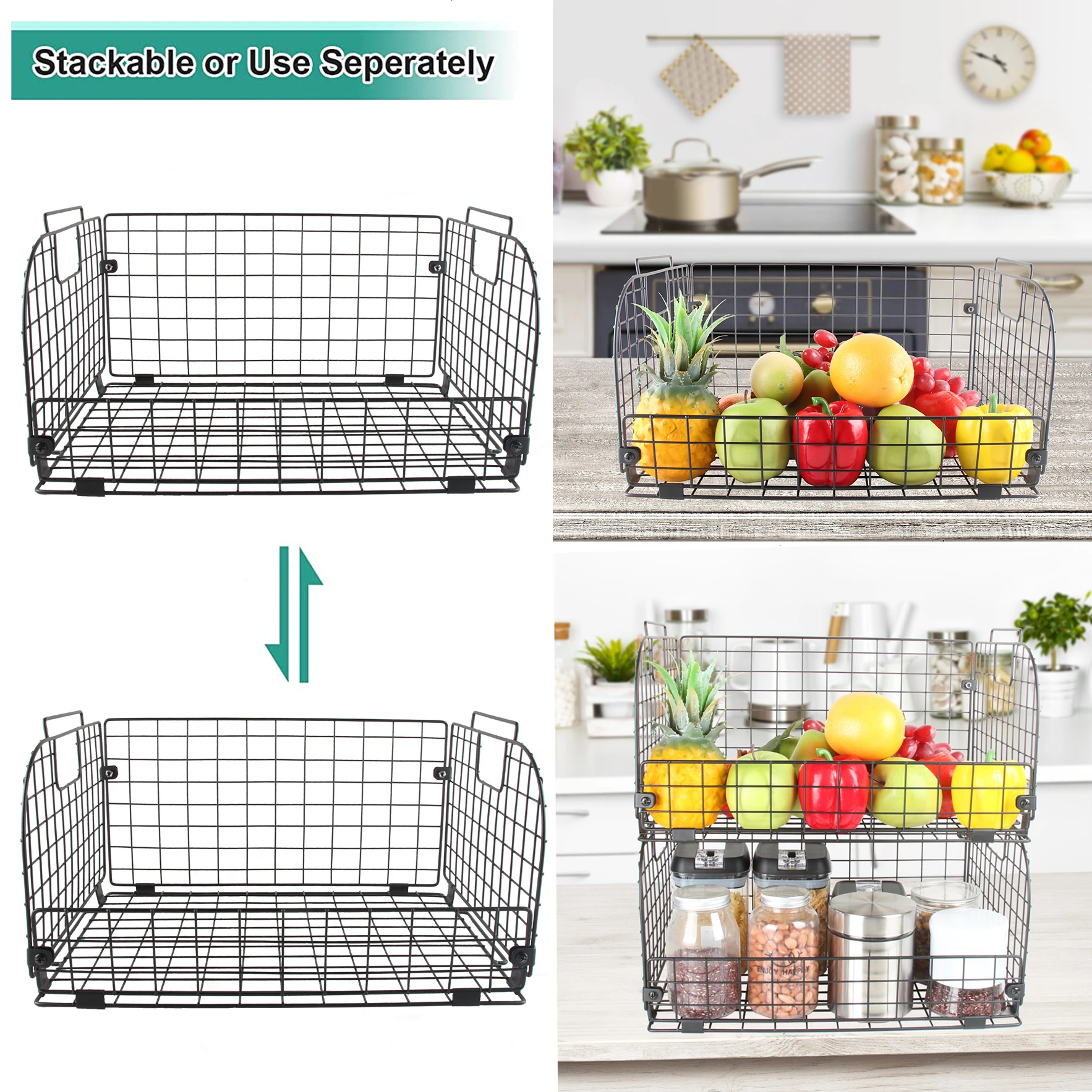 Foldable Metal Stacking Open Front Vegetable Collapsible Stackable Black Iron Wire Fruit Storage Basket