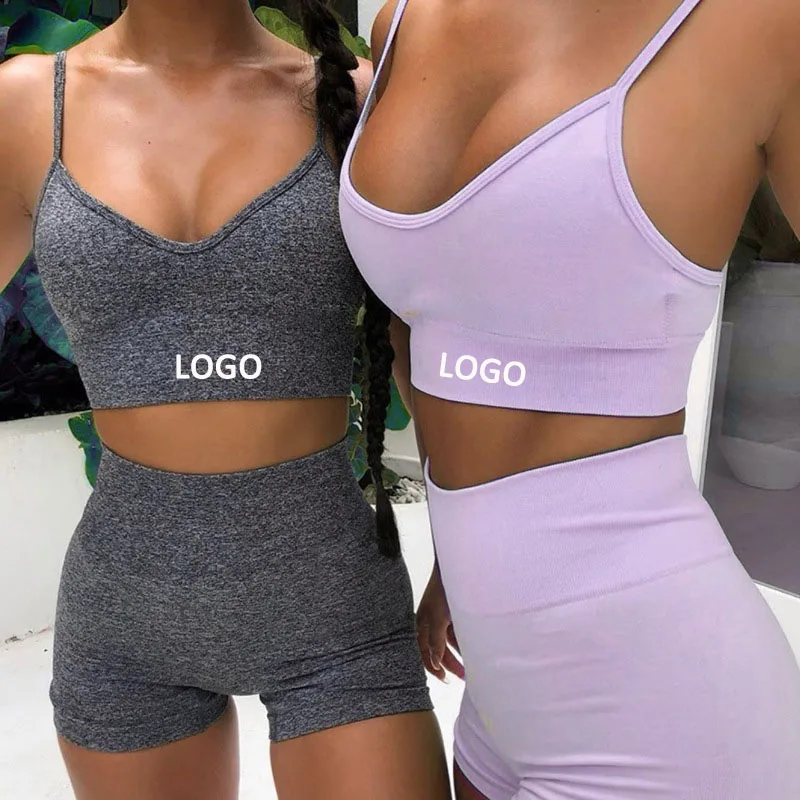 
2020 New Logo Fitness Purple Scrunch Spandex Women Sport Yoga GYM Short Biker 2 Piece Seamless Yoga Set Shorts 
