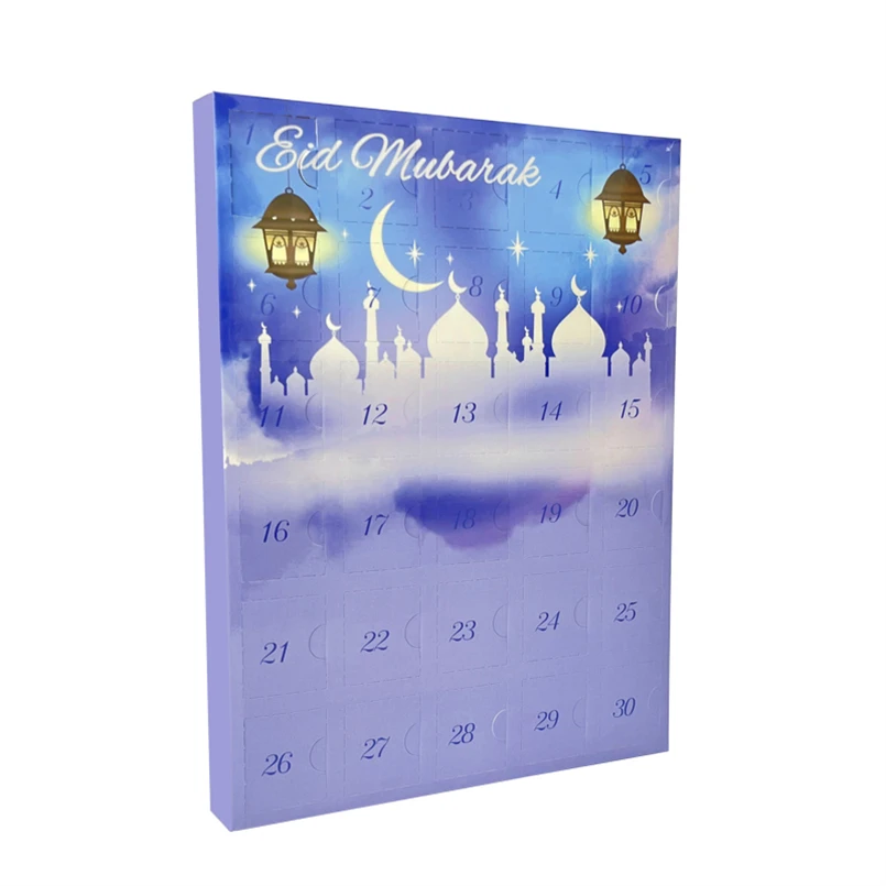 Ramadan Advent Calendar Blue Chocolate Candy Gift Paper Packaging Box Open Door Paper 30 Day Advent Calendar