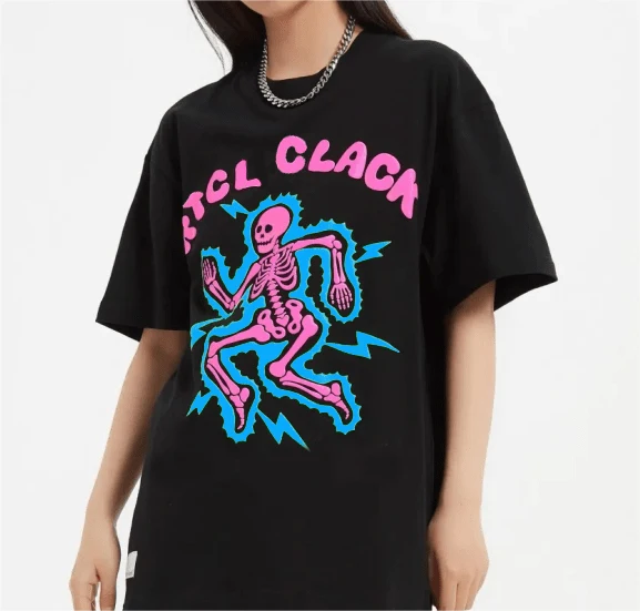 Hip Hop Wholesale Plain Black Fashion Baumwolle Radium Skull Graphic Crew Neck 3d Puff Printed Women Tshirt