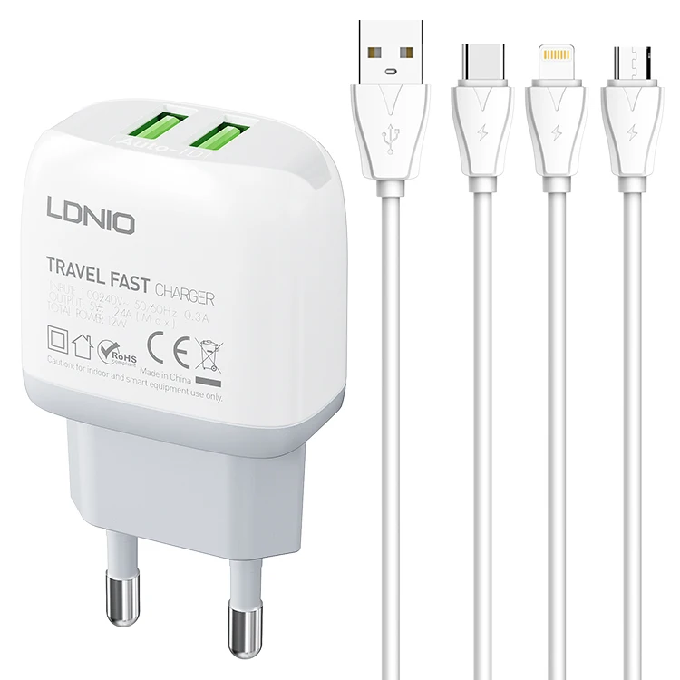 LDNIO A2219 Dual USD PD Wall Charger Plug 12W Portable Custom Logo Travel Charger With Cable Charger Set for Cellphone