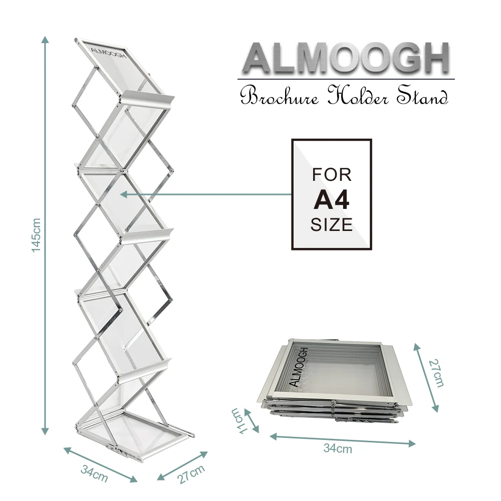 Almoogh Promotion Aluminum Frame Folding Catalog Holder Exhibition Display Brochure Stand  Portable Brochure Holder Stand