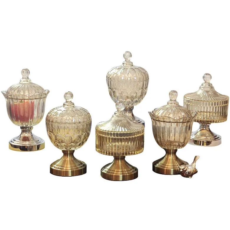 Glass Apothecary Jar With Lids  Wedding Candy Buffet Containers Golden metal stand glass candy jar