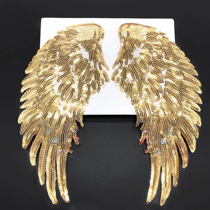hot sale angel wings sequin embroidery patch with black gold silver colors