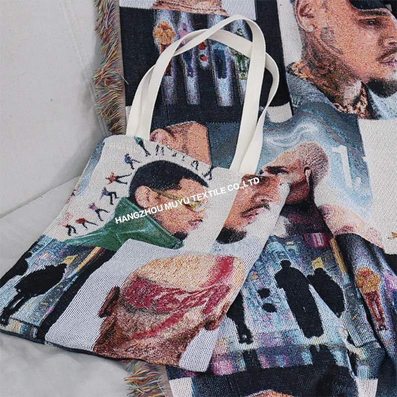Quickly customize rappers Chris brown Logo Patterntapestry canvas bag Custom jacquard woven shopping bag