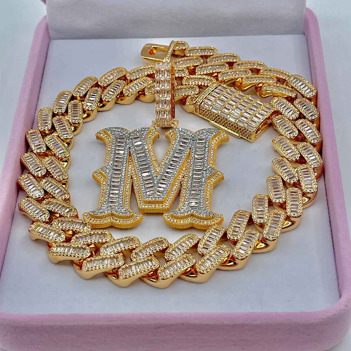 Initial A-Z Baguette Name Letter Pendant For Women Necklace Bling Zircon Hip Hop Rock Street Jewelry