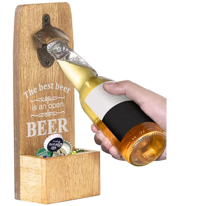 Customized wall mount beer wooden bottle opener with catcher for Budweiser Paulaner Grolsch