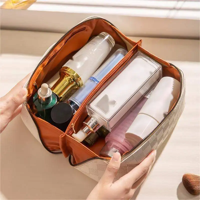 Women Organizer Portable Toiletry Travel Bag Pu Genuine Leather Makeup Bag Waterproof Custom Logo Cosmetic Bag Cases With Zipper
