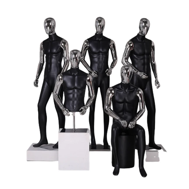New design full body man business suit display gold silver chrome head arms male abstract mannequin model change face for sale