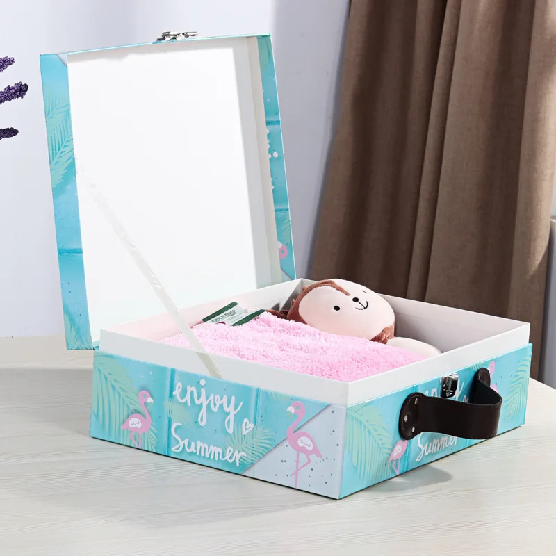 Custom baby paperboard suitcase box with handle elegant square luxury new born baby gift blanket packaging box for baby clothes