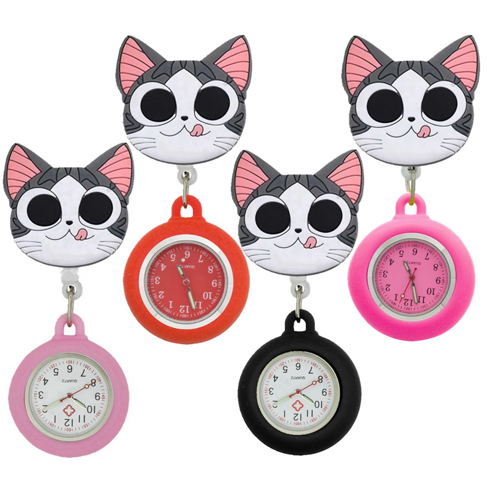 Lovely Cute Lick Tongue Cheese Cat Cartoon Silicone Stretchable Nurse Doctor Silicone Pocket Watches for Hospital Medical Gifts