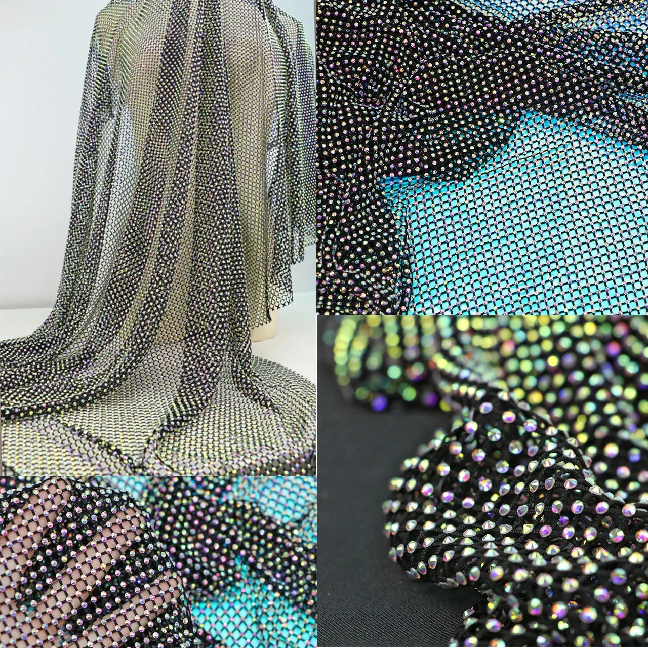 Nanyee Textile Luxury AB Colorful Stretch Foiled Rhinestone Mesh Fabric