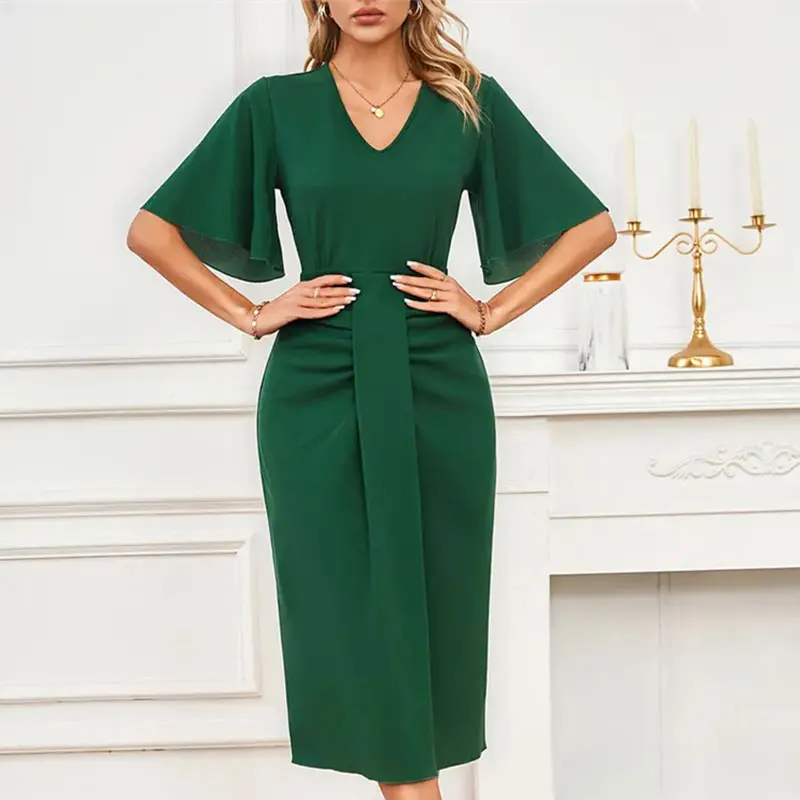 Flare Sleeve V Neck Women Elegant Pencil OL Slim Fit Dress Solid Slim Ruched Knee Length Hip Ladies Office Dresses
