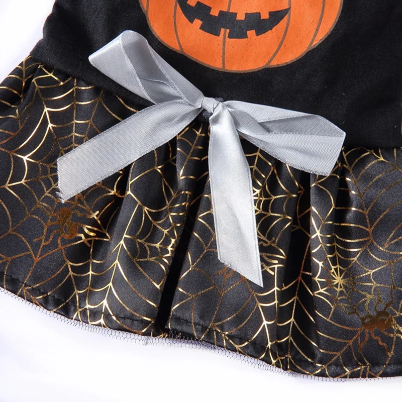 Modern XL Polyester Dog Party Dress with Golden Spider Web Print for Halloween Pumpkin Head for Spring and Summer Season