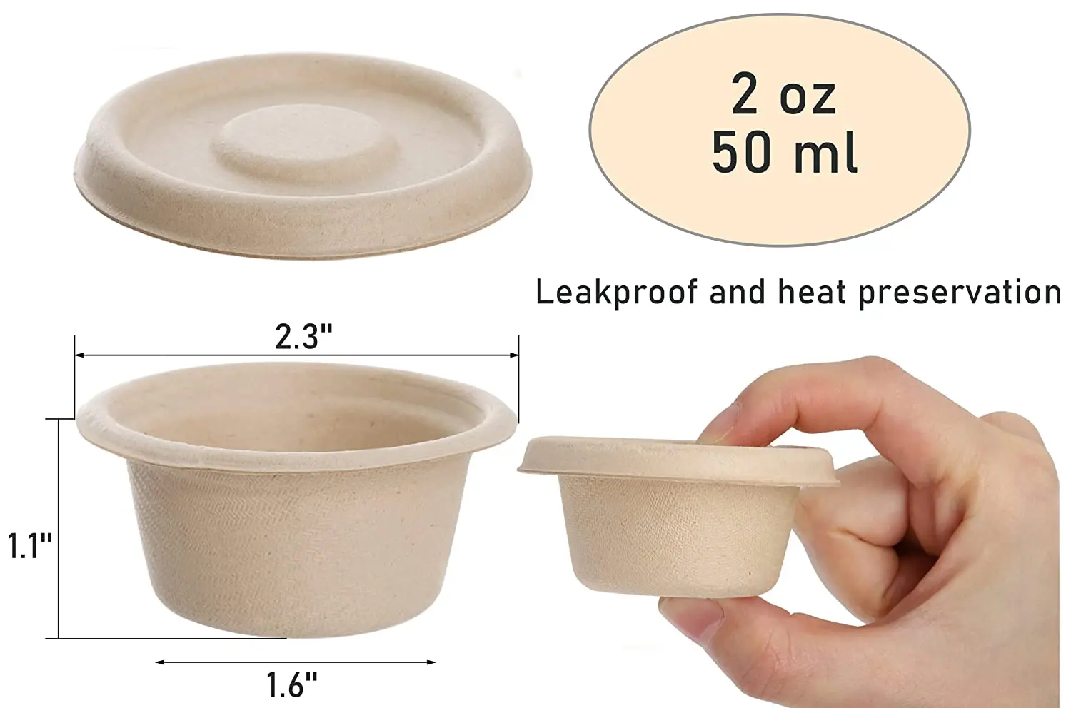 Eco friendly Material White Compostable Biodegradable 2oz Sugarcane Bagasse Sauce Cup Disposable Small Cup With Lid