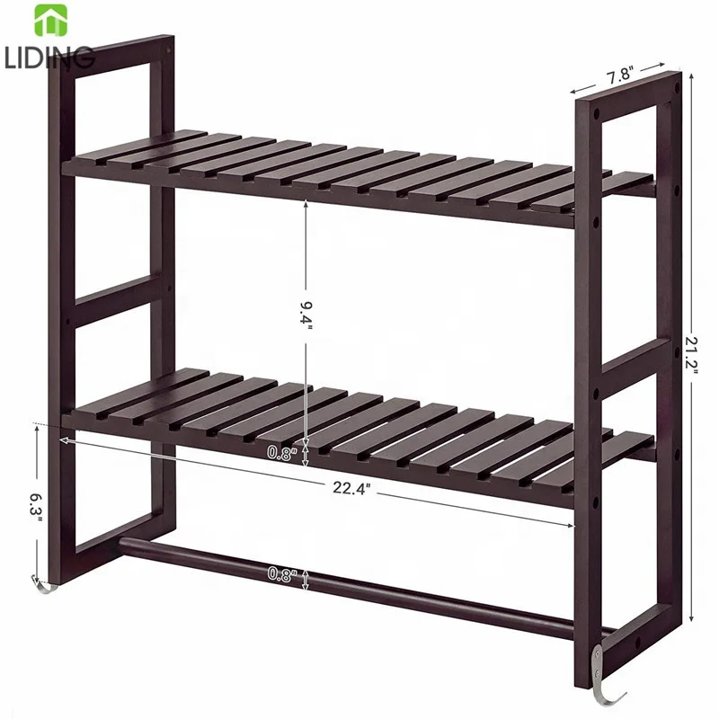 Bamboo Bathroom Shelves 3 Tier Adjustable Layer Rack Wall Mounted Utility Storage Shelf Rack with 2 Hooks