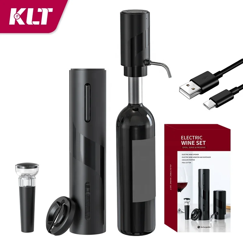 Good Price 4in1 USB Rechargeable Wine Opener Set Black Electric Wine Aerator Pourer with Stopper