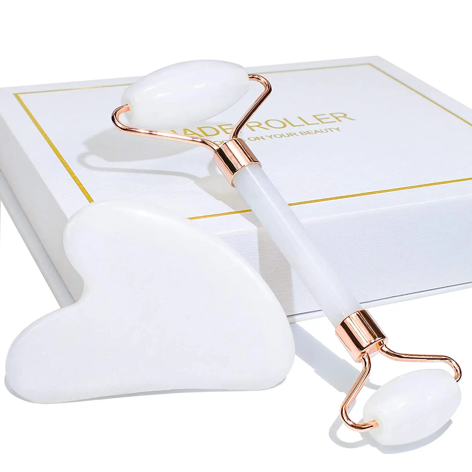 Face Jade Roller and Gua Sha Set Facial Beauty Skin Care Tool Rose Quartz Massager for Face Eyes Neck Relieve Wrinkles