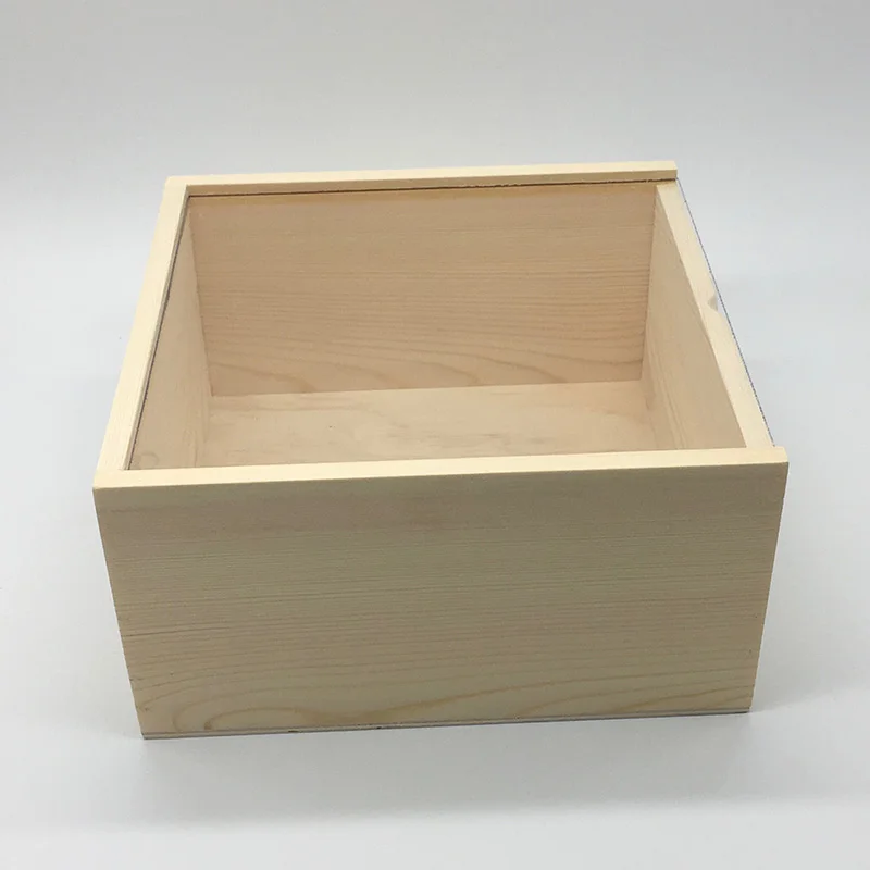 Plain empty natural pine solid wood box with transparent lid wooden gift box