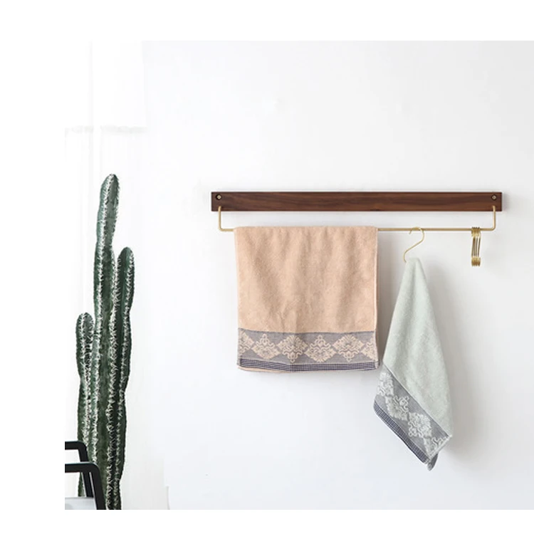 
Natural wood wall organizer hotel barber towel racks with brass S hooks for bathroom kitchen 