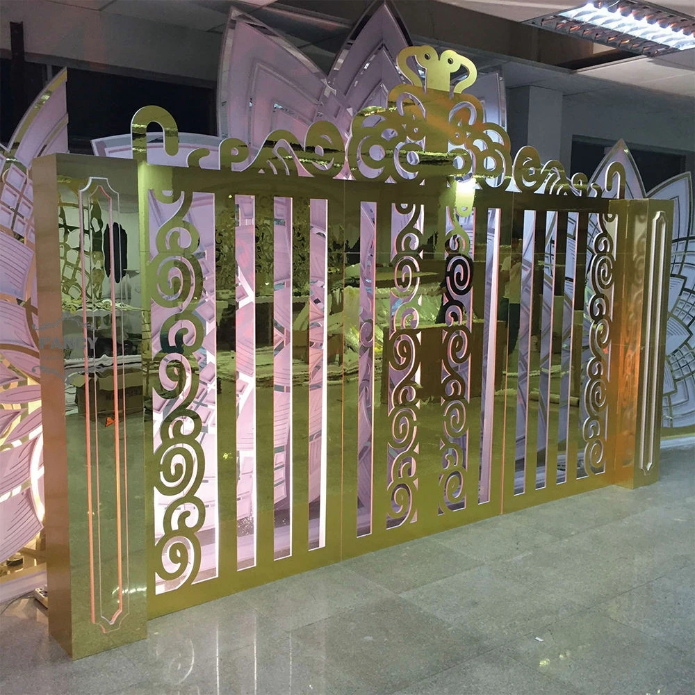 Gold Carved Islamic Design Wall Backdrop Wedding Props Arch Stage Background Acrylic Frame