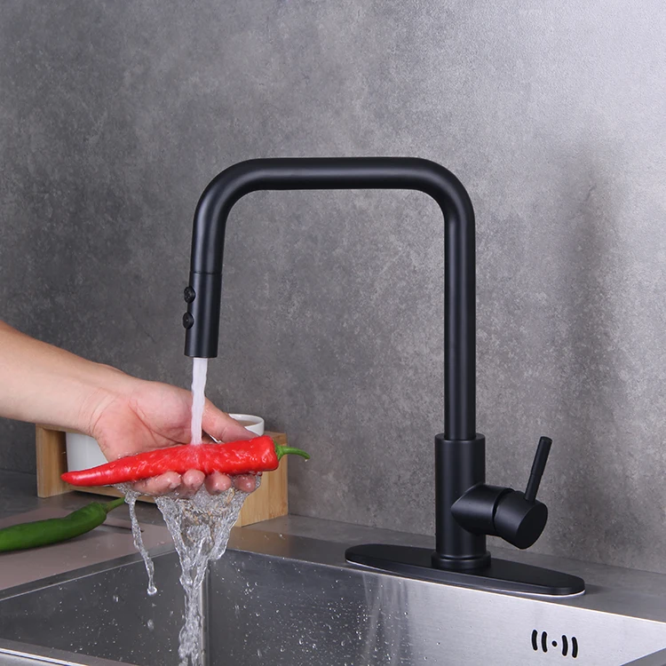 Deck Mounted Single Handle Square Arc Black Kitchen Sink Faucet with Pull Down Sprayer