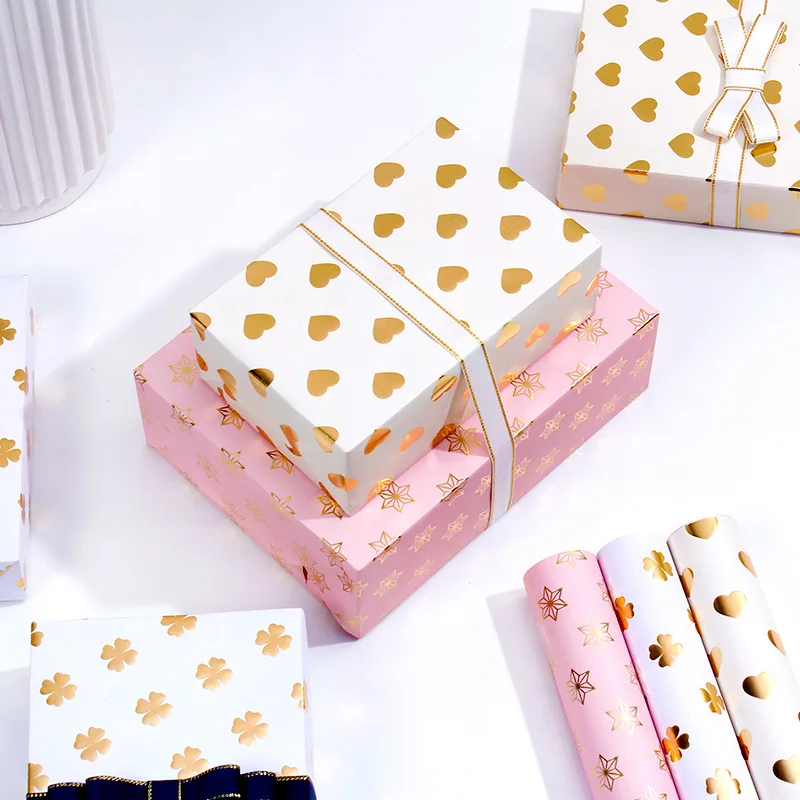Luxury Metallic Foil Gift Wrapping Paper Sheet with Printed Four Leaf Clover Heart Hexagram