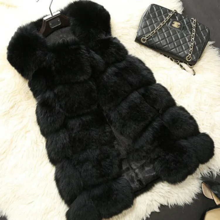 Patchwork Women Casual Wear Autumn Fashion Coat Faux Fox Fur Woven Mid-length Silver Fox Fur Waistcoat Sleeveless