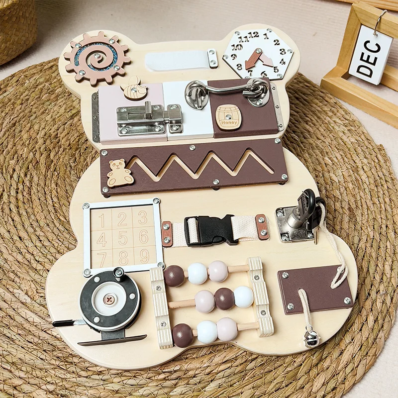Busy Board for Toddlers Montessori Sensory Wooden Activities Edcucational Toys to Develop Fine Motor Skills with 10 Locks (Bear)