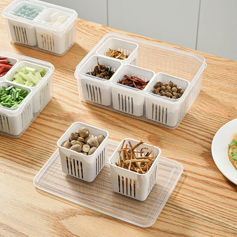 2-9 Divided Storage Boxes for Fridge, Multifunction Fridge Plastic Storage Preservation Box with Draining Baskets