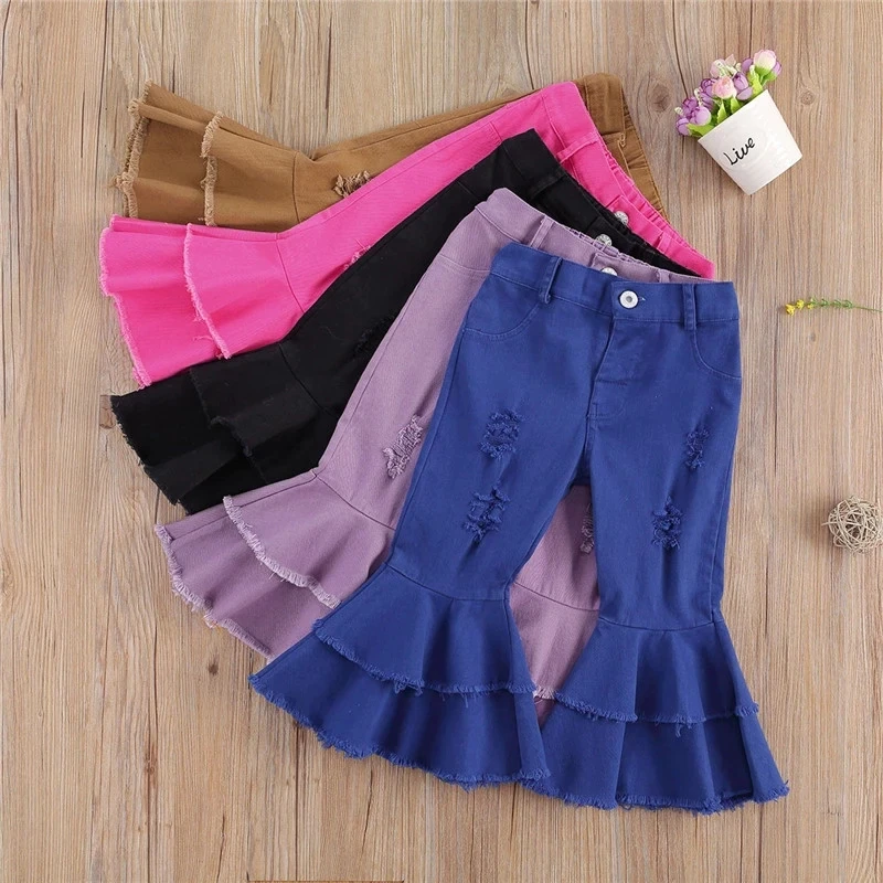 
2021 New fashion high quality solid color breathable bell bottom jeans denim ripped jeans for toddler girls 