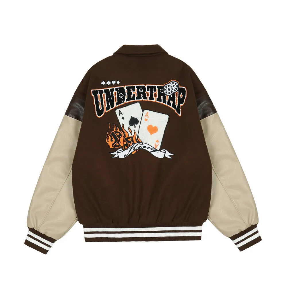 Wholesale Custom Logo Embroidery Patterns Leather Sleeves Single Breasted Baseball Bomber Men Varsity Jackets