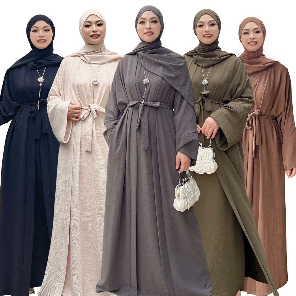 clothing manufacturer Custom Muslim women 2pcs Abaya set Plain Polyester long dress kimono Cardigan Islamic Clothing