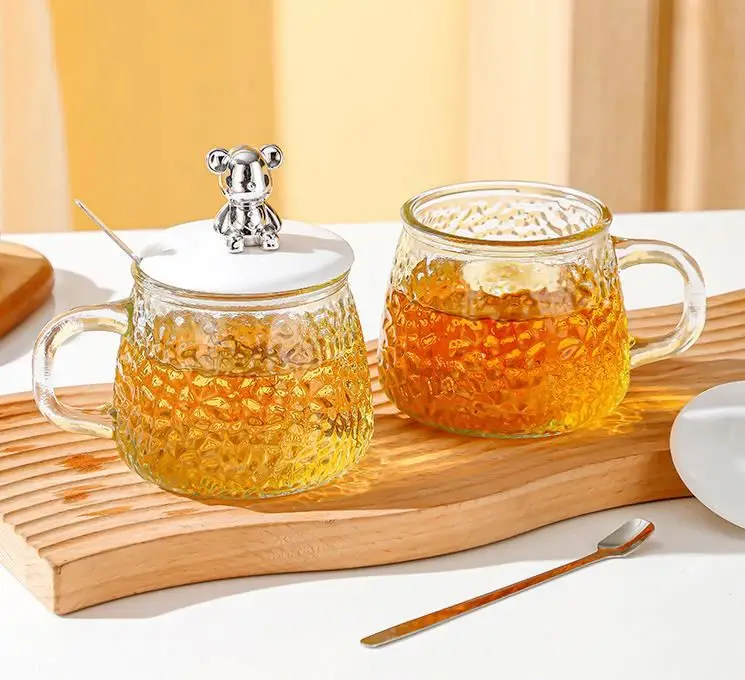 400Ml Coffee Mug With Handle And Bear Lid High Appearance Hammer Glass Coffee Bear Shape Glass Cup With Spoon