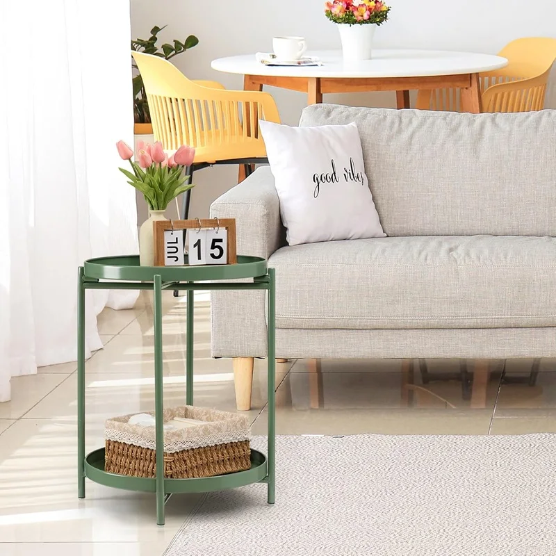 MODERN DESIGN 2 TIER METAL END TABLE WITH REMOVABLE TRAY SMALL END TABLES FOR SMALL SPACES LIVING ROOM