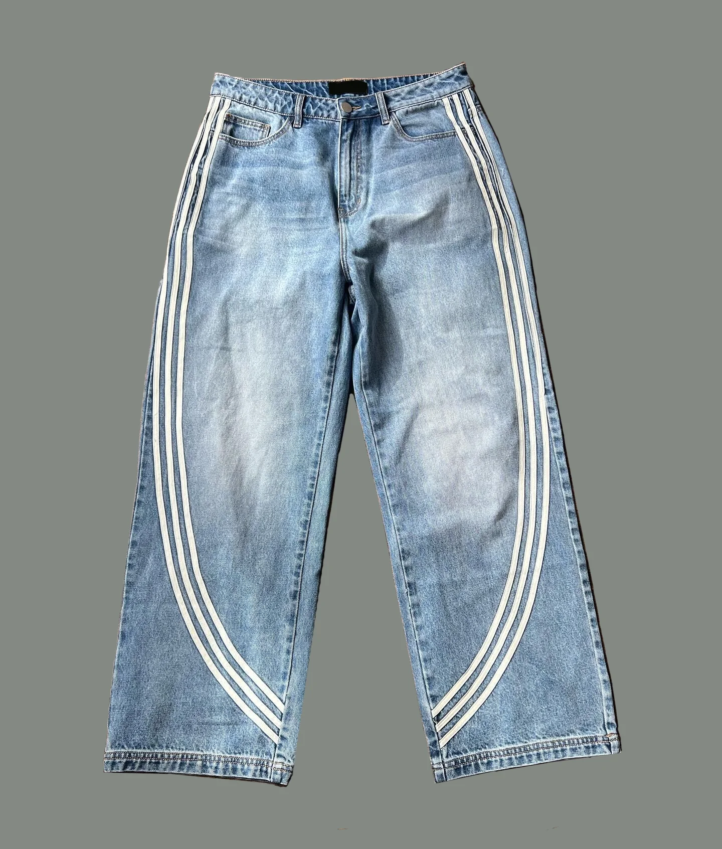 ZY manufactory cotton side striped straight leg unisex jean custom logo embroidery washed casual denim pants baggy jean trousers