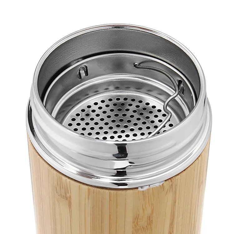 Custom Logo 450ML Bamboo Vacuum flasks Cup Stainless Steel water Bottle With Fruit Tea Strainer Filter For gift