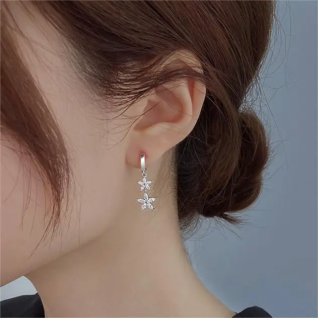 100% Real S925 Sterling Silver Dangle Drop Hoop Earrings Luxury Cubic Zirconia Flower Shape Pendant Hoops Piercing Earrings