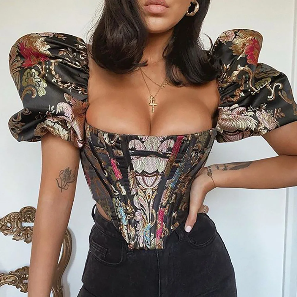 Women Corset Top 2020 Vintage Blouse  Summer Crop Top Slim Fit Sexy Club Party