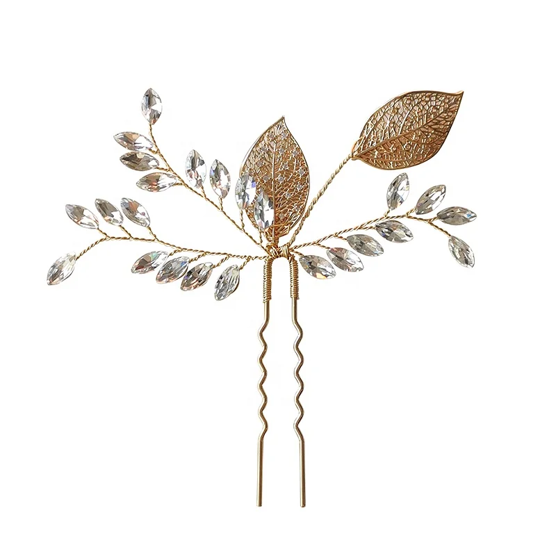 Simple Rhinestone Bridal Hair Pin Women Leaf Shape Headpiece Wedding Pins With Marquise Stone