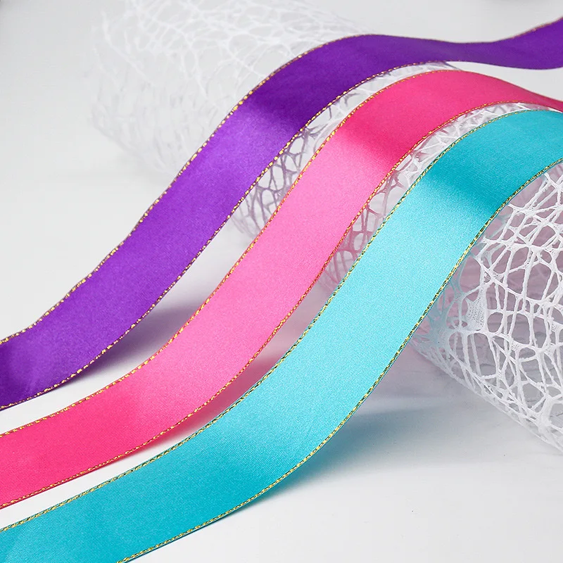 4cm Width 22 Meters Long High Quality Colorful Wedding Birthday Festivals Gold Edged Satin Ribbon for Gift Wrapping