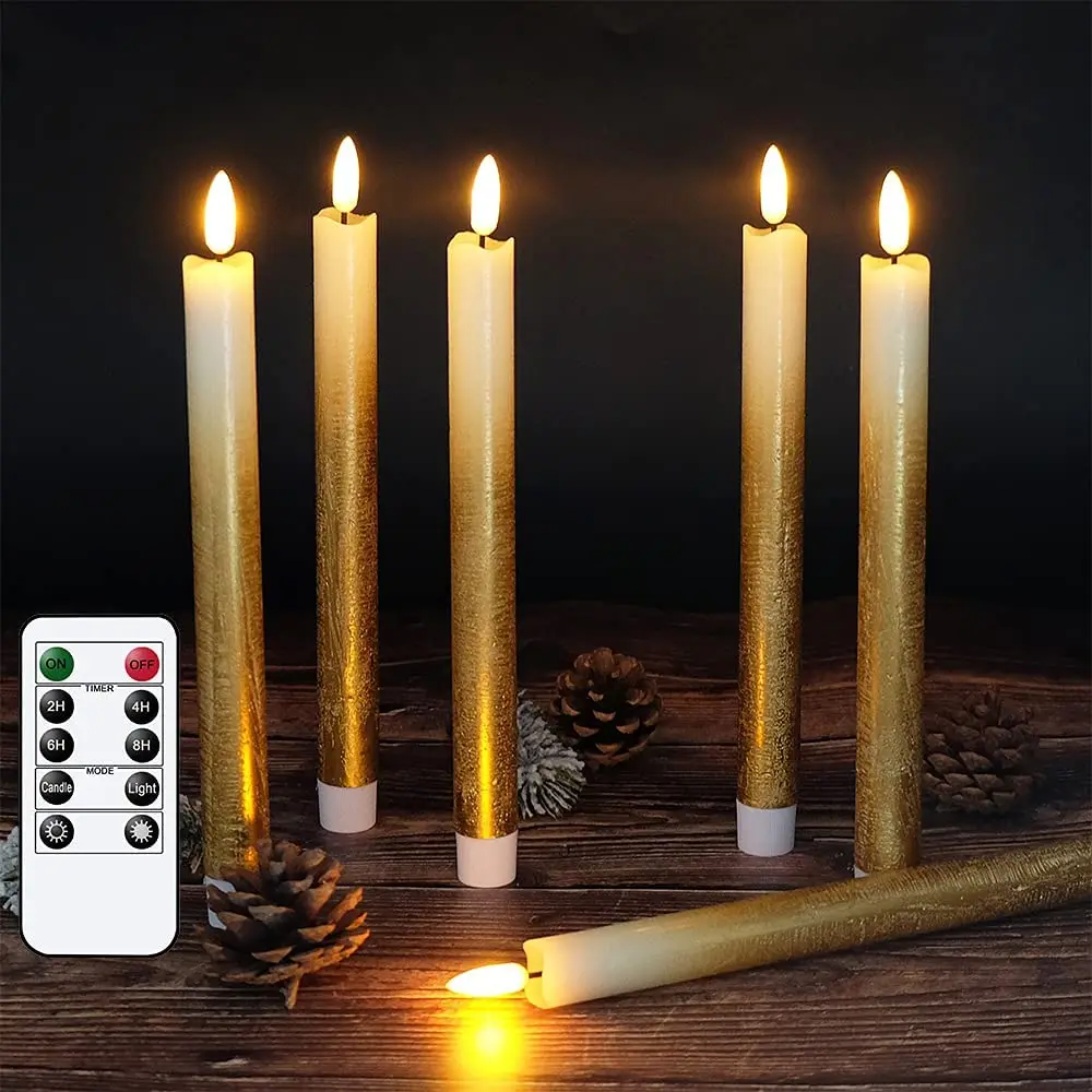 6PCS Paraffin Wax 3D Flickering Flameless Taper Candles with Remote and Timer Function,For Wedding Holiday Decoration