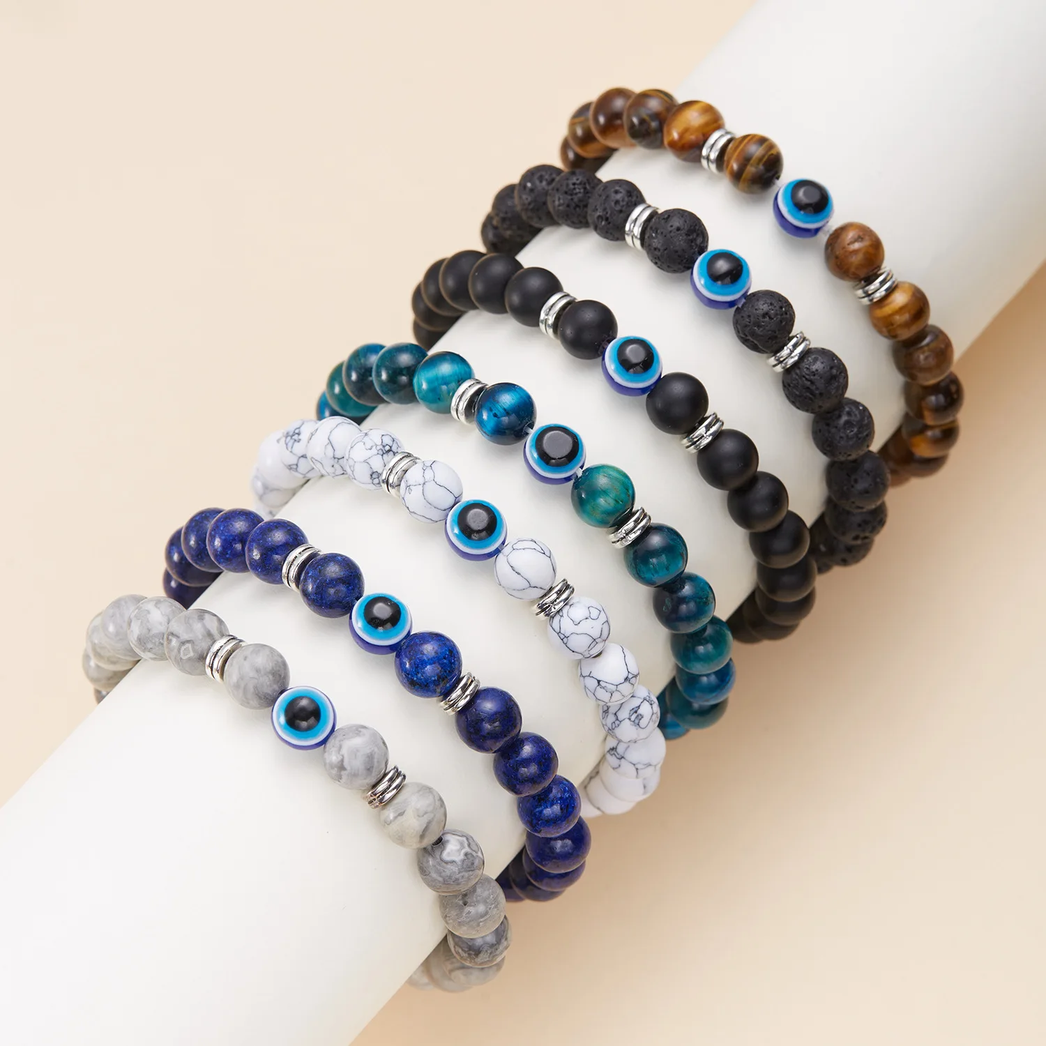 Браслеты из натурального камня lapis lazuli, с изображением злых глаз, с бусинами для мужчин и женщин, браслеты из драгоценных камней с кристаллами, эластичные силовые браслеты