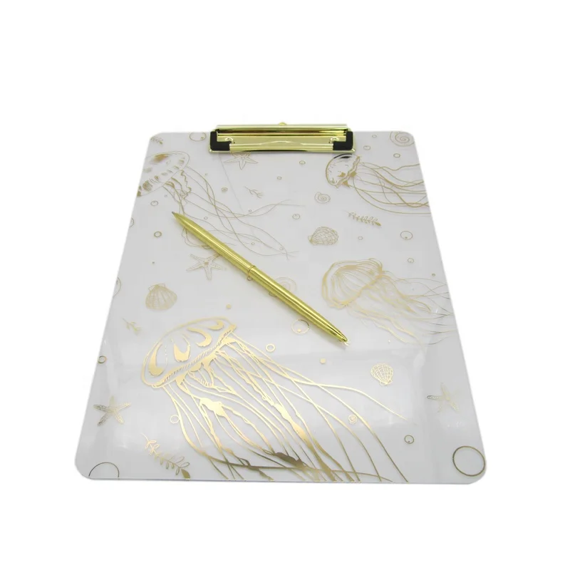 High quality student used laser jellyfish printing PMMA gilded quality acrylic clipboard with golden metal clip acrylic board