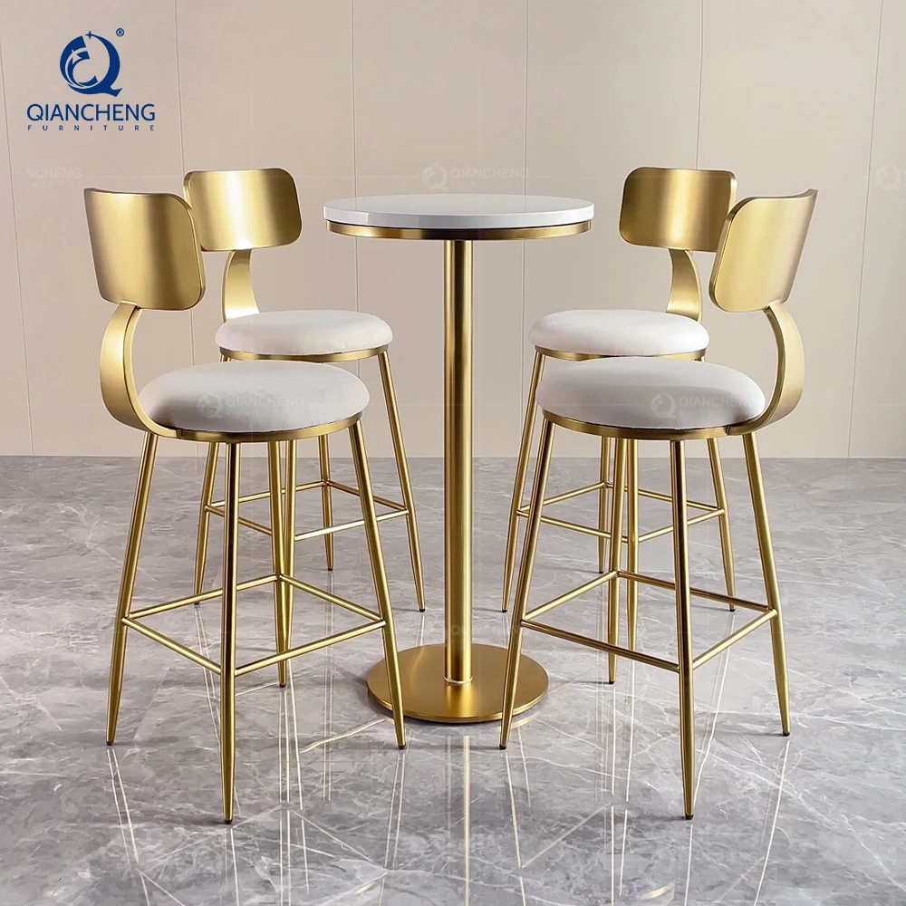 QIANCHENG new backrest synthetic leather brass metal upholstered bar stool high chair table set suppliers luxury club silla bar