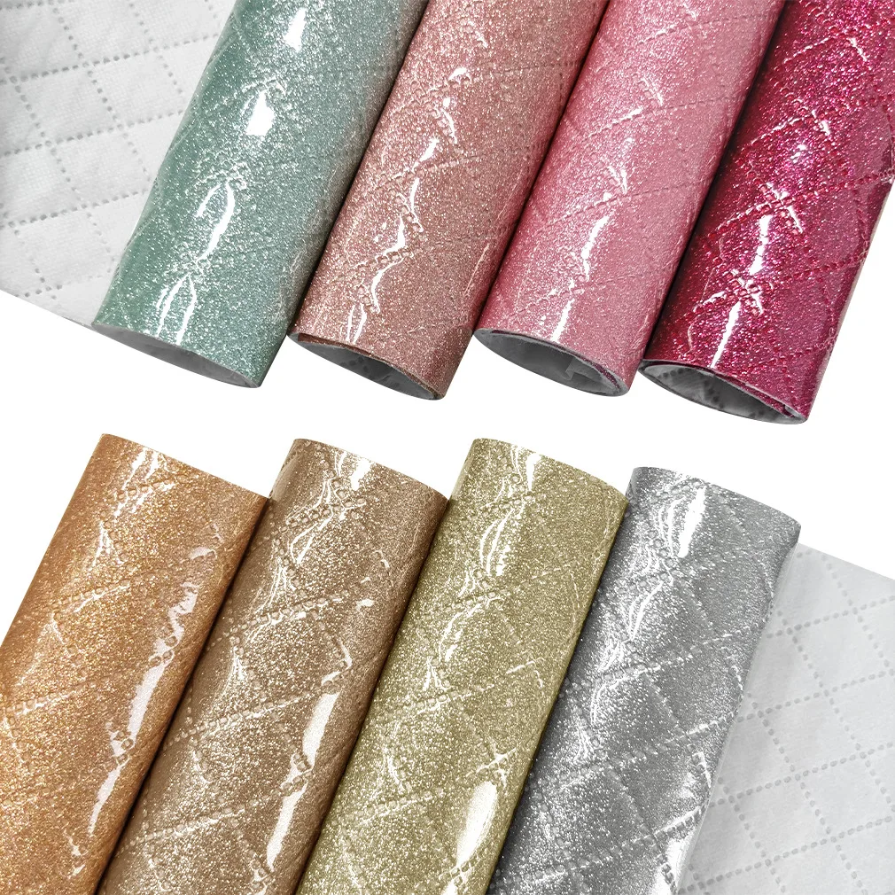 30*135 cm Mirror Glitter 1.3-1.4 mm Embossed Plaid Pattern Shimmer Rexine Faux Synthetic TPU Glitter Leather for Bags DIY Wallet