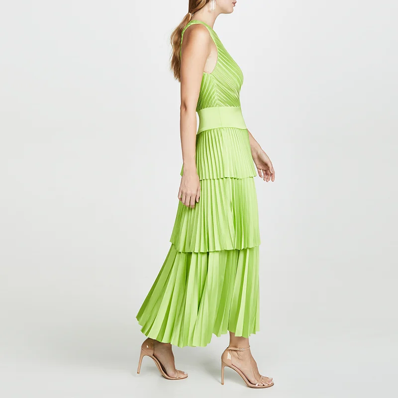 Sexy Neon Green Chiffon  One Shoulder  Slope Neck  Pleated  Layered Party  Dress Women