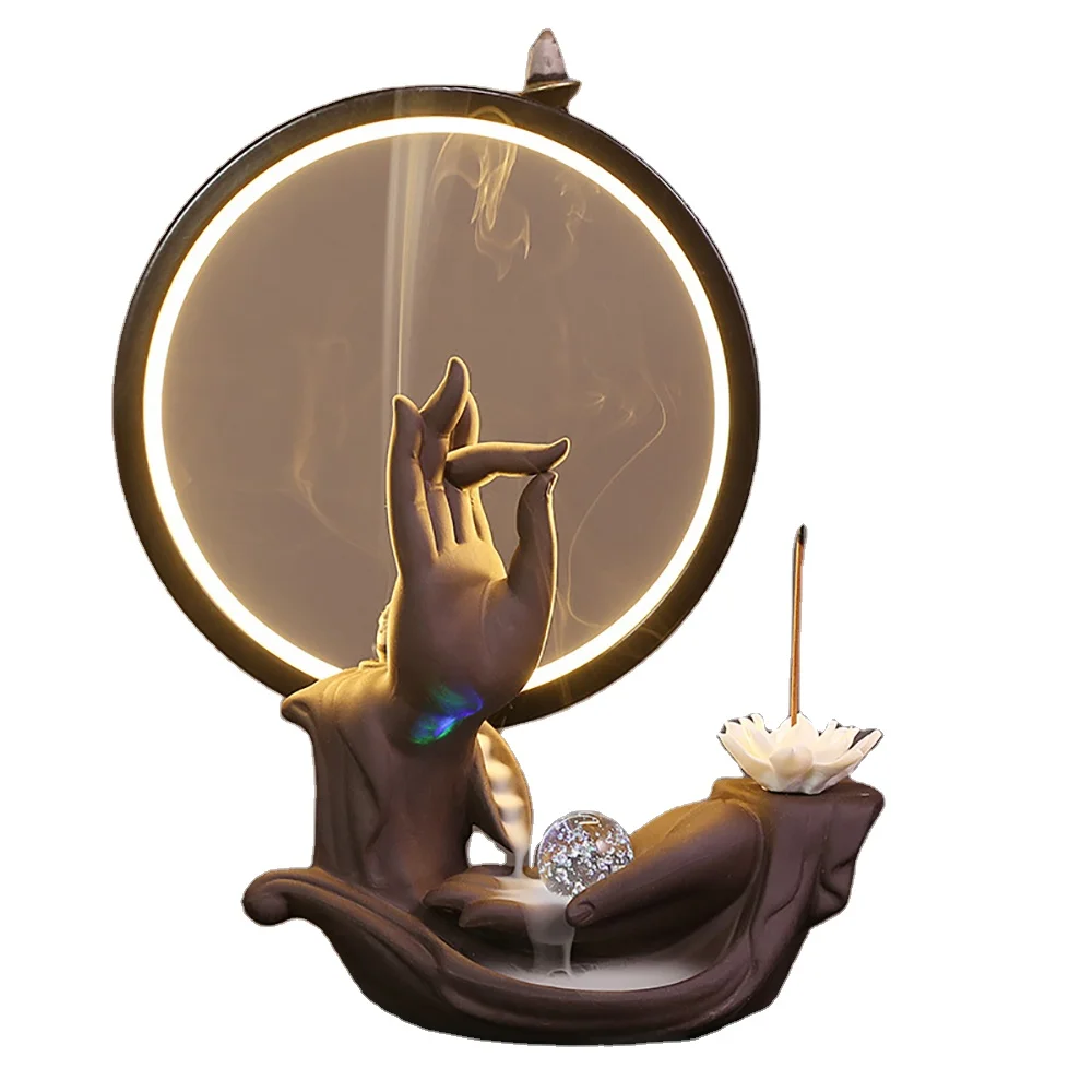 Ceramic Buddha Bergamot Backflow Incense Burner with LED Lamp Circle Sandalwood Holder Home Indoor Aroma Ornaments