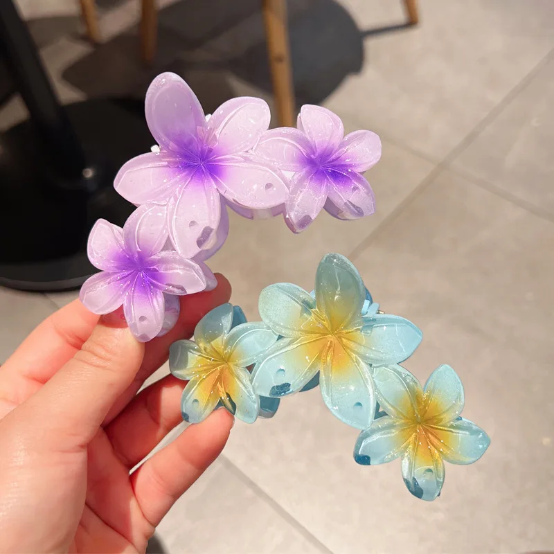 New Design Creativity Plastic Resin 3 Flower Large Claw Hair Clip For Women 11cm Summer Sweet Gradient Color Flower Hair Clips